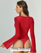 Long-sleeve mesh thong bodysuit with flared sleeves, red