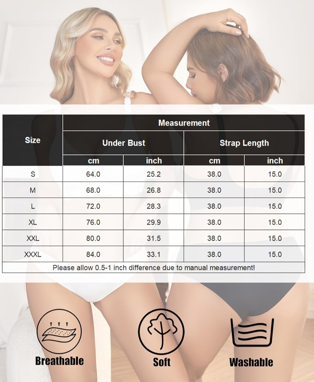 Seamless wireless bralette size chart with measurement table and comfort icons