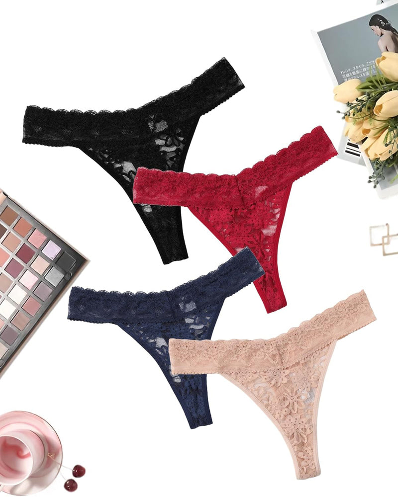 Lace low-rise Brazilian panties set in black, red, navy, and nude