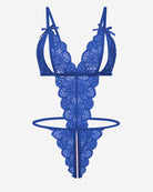 Blue lace deep V bodysuit with tie shoulder straps and thong bottom