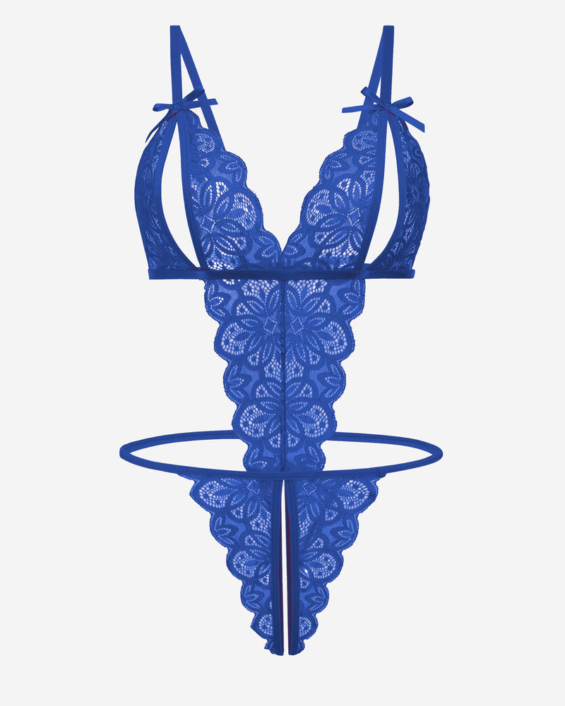 Blue lace deep V teddy bodysuit with bow tie straps and thong back