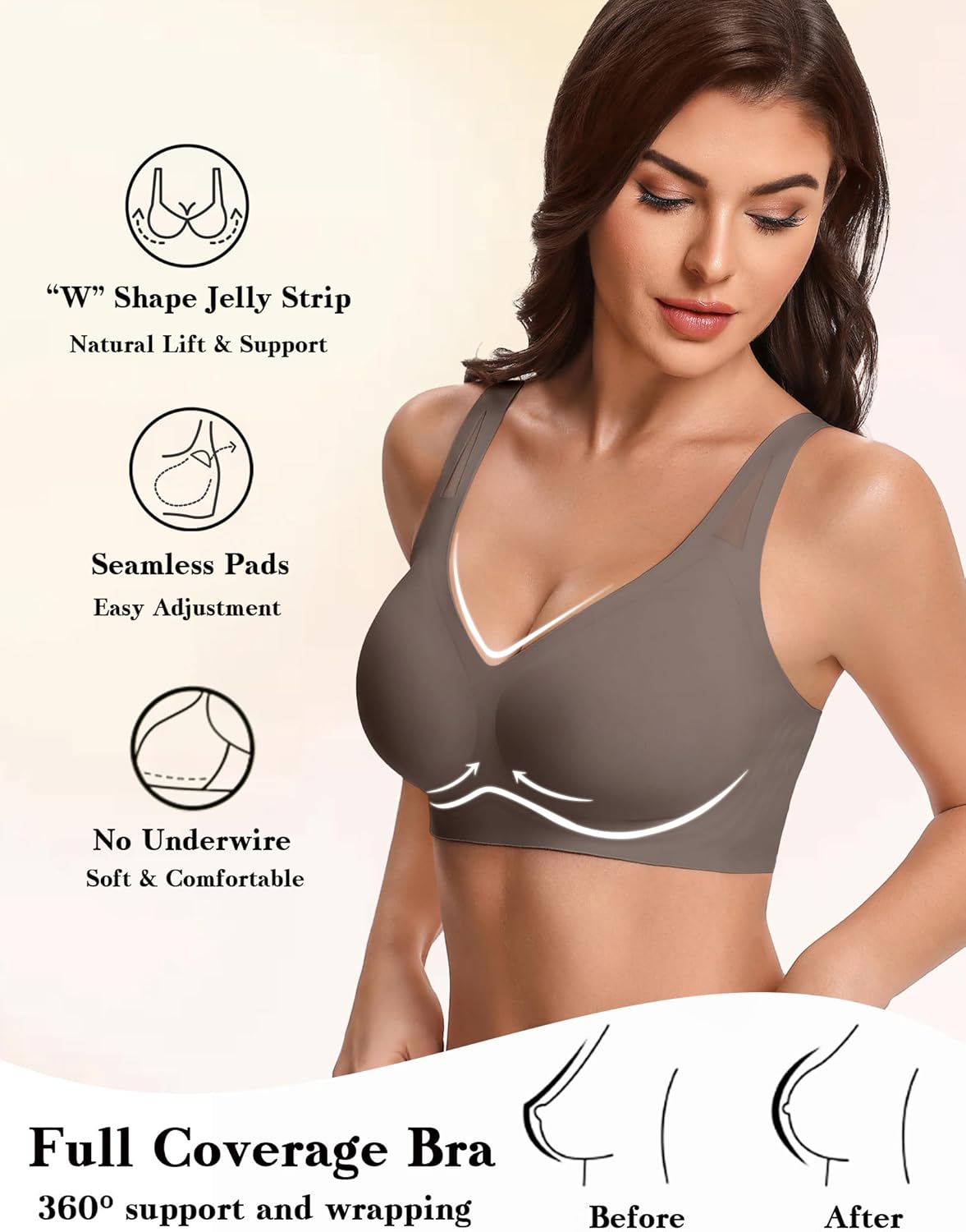 Grey wireless full coverage bra with V-neck and smooth seamless padded cups