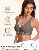 Grey wireless full coverage bra with V-neck and smooth seamless padded cups
