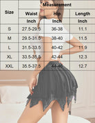 Black asymmetrical pleated mini skirt with lace hem overlay and scalloped edges