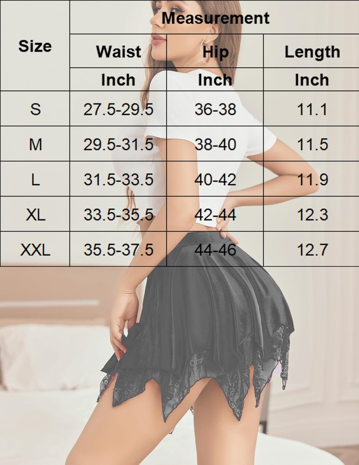 Skirt size chart showing waist, hip, and length measurements by size
