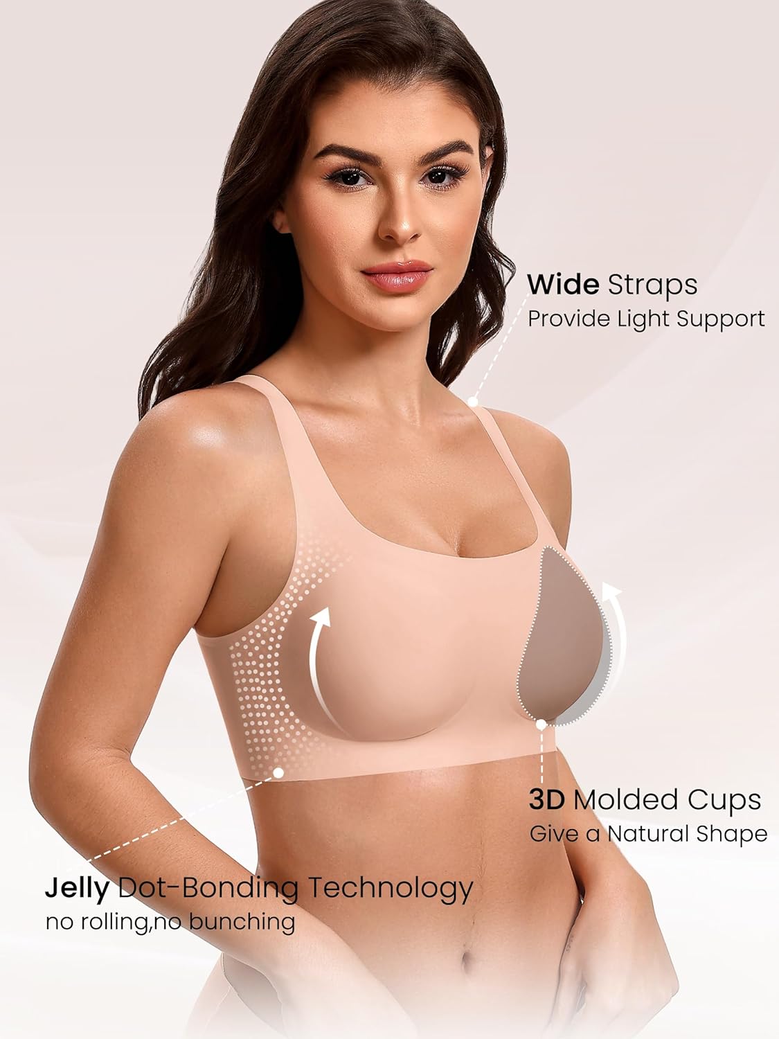 Nude wireless bra with wide straps and smooth molded cups, no underwire