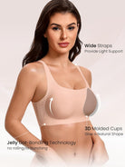 Nude wireless bra with wide straps and smooth molded cups, no underwire
