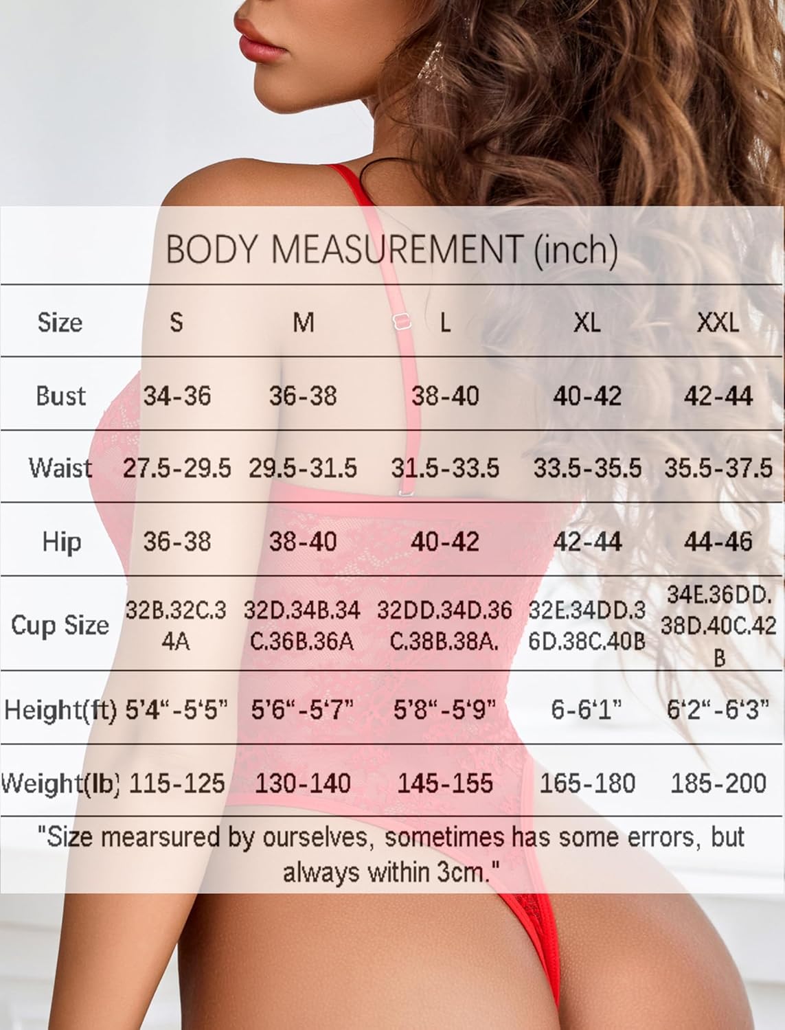 Body measurement size chart (inches) with bust, waist, hip, height, and weight