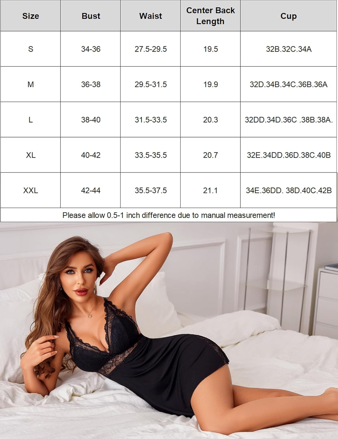 Black lace V-neck chemise with sheer lace panels and thin adjustable straps