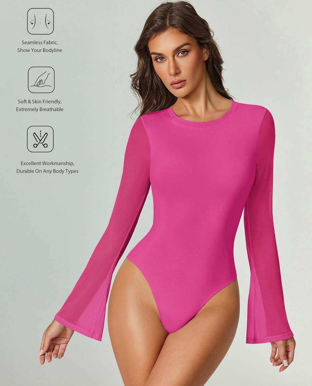 Pink long sleeve mesh bodysuit with flared sleeves and high-cut leg opening.