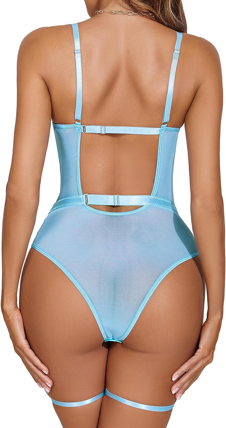 Light blue sheer lace bodysuit with garter belt straps, shown from the back