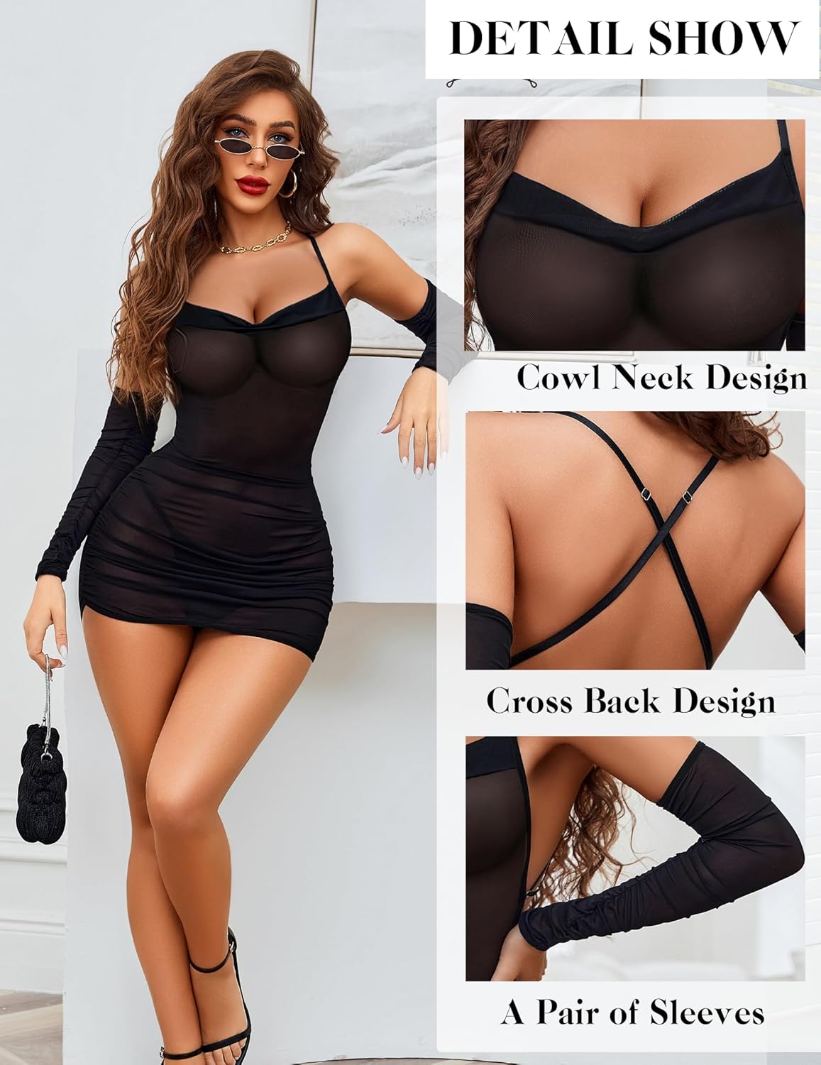 Black sheer mini dress with cross-back straps, long sleeves, and matching gloves