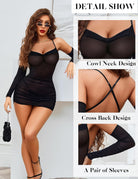 Black sheer mini dress with cross-back straps, long sleeves, and matching gloves