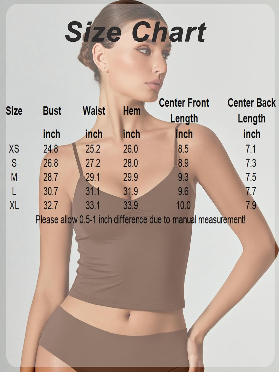 Tank top size chart with bust, waist, hem, and center front/back lengths