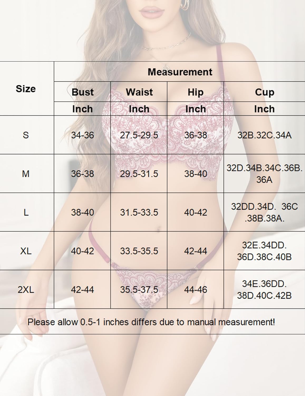 Size measurement chart table for bra cup and panty fit with bust, waist, and hip ranges