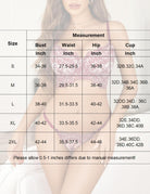Size measurement chart table for bra cup and panty fit with bust, waist, and hip ranges