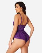 Purple lace teddy one-piece with thin straps and babydoll skirt