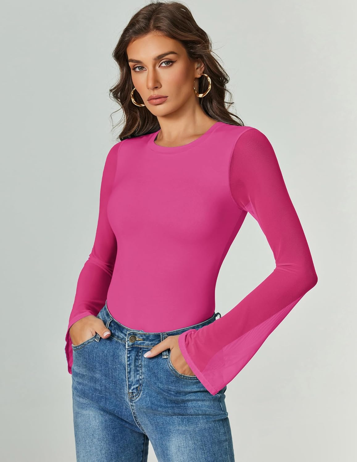 Long sleeve bodysuit, magenta, fitted thong with bell cuffs
