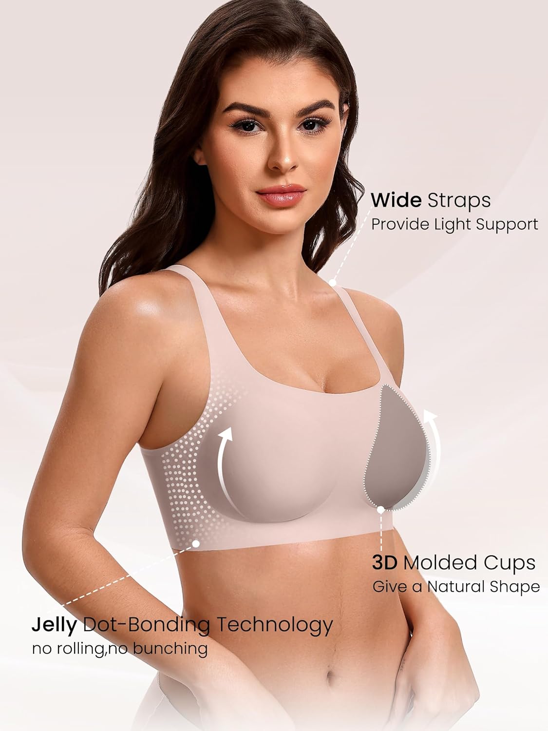 Wireless jelly bra with wide straps, seamless molded cups, light cream