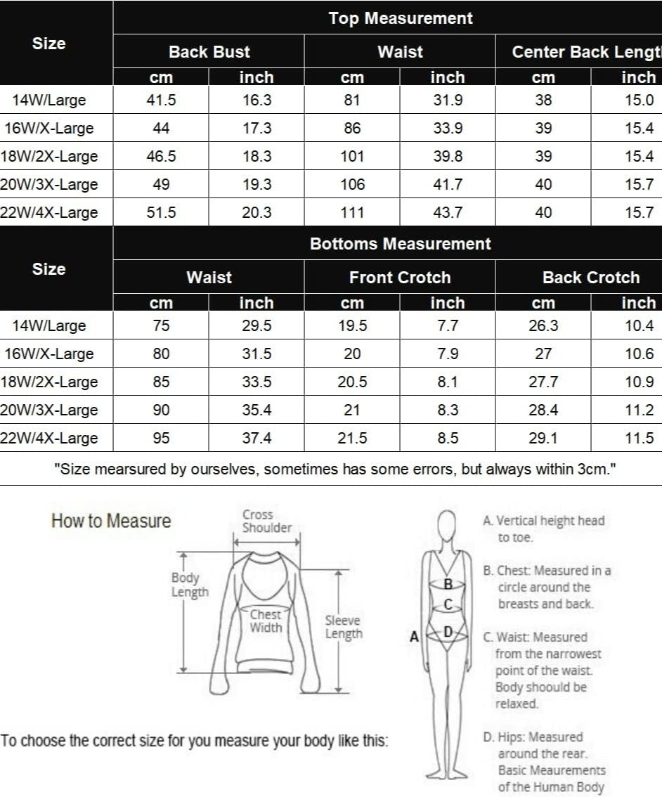 Plus size lace nighty sleepwear size chart with back bust, waist and length measurements