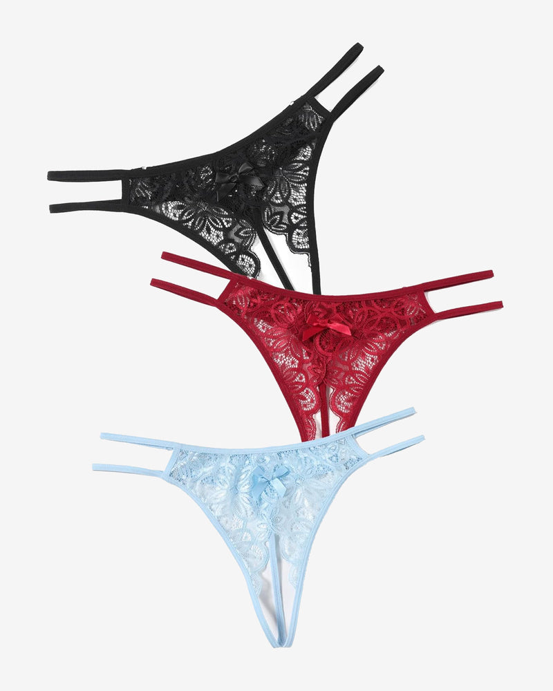 Floral lace thong briefs set with cute bow, in black, red, and light blue