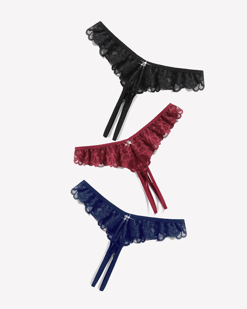 Set of lace thong briefs in black, burgundy, and navy with crisscross ribbon ties