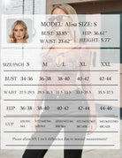 Size chart for long sleeve lace bodysuit with bust, waist, hip, and cup ranges