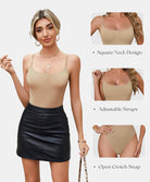 Peach coral square-neck bodysuit with thin straps and open-crotch snap