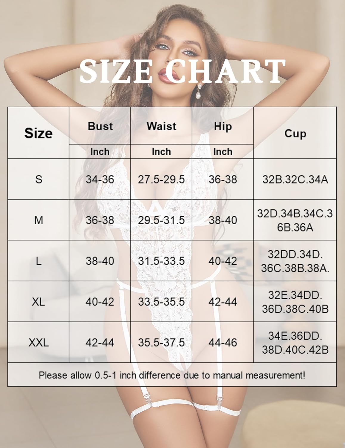 Size chart for lace bodysuit: bust, waist, hip, and cup measurements