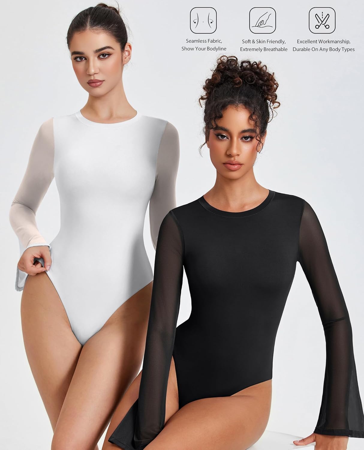 White and black long sleeve mesh bodysuits with flared sleeves and high-cut legs.