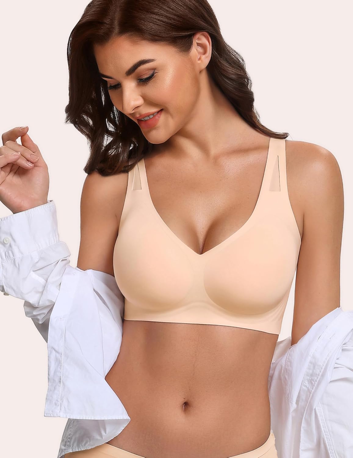 Nude wireless full coverage bra with V-neck, smooth seamless cups
