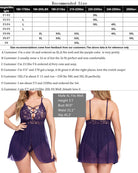 Plus size babydoll lingerie size chart with purple lace babydoll front and back views