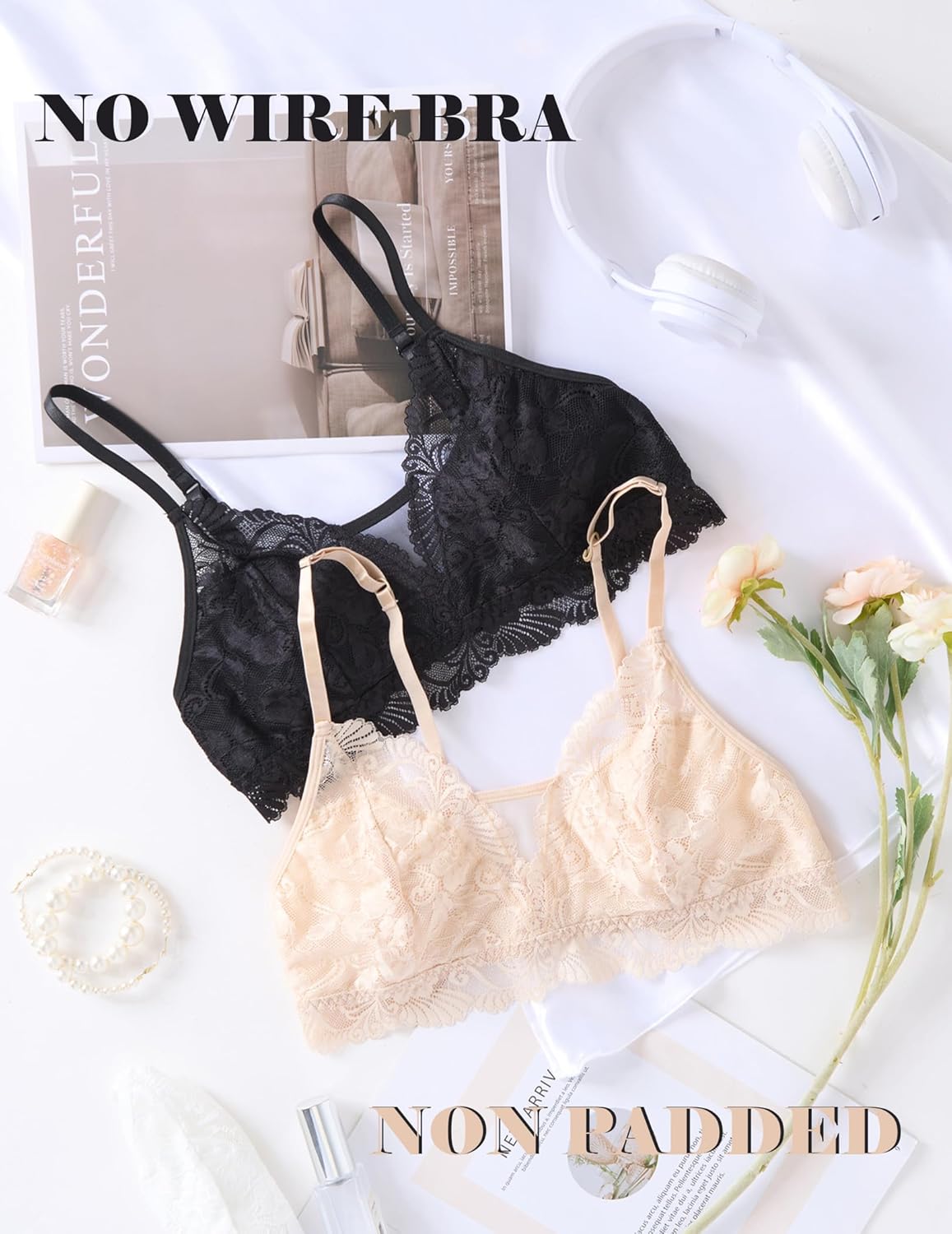 Black and beige lace bralette set, no underwire, thin straps.