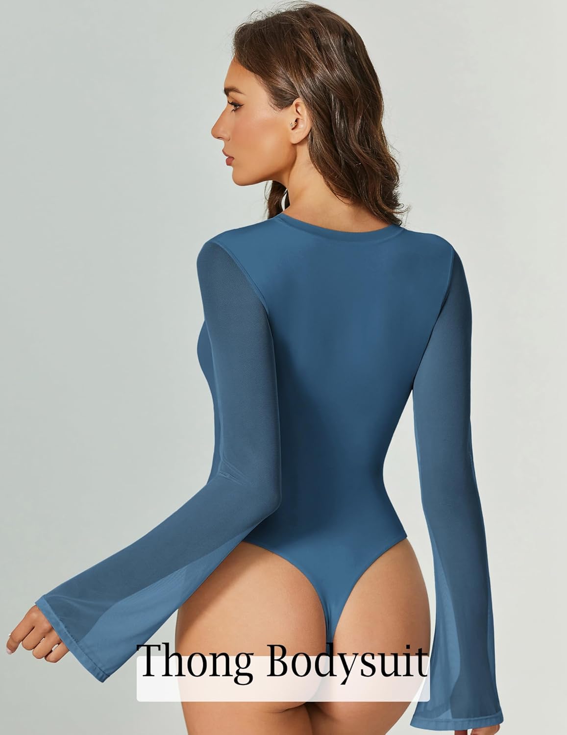 Back of long-sleeve bodysuit in medium blue with high-cut thong bottom