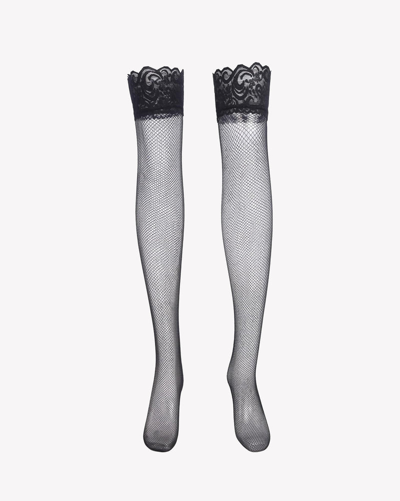 Black fishnet high stockings with lace ruffle at the top