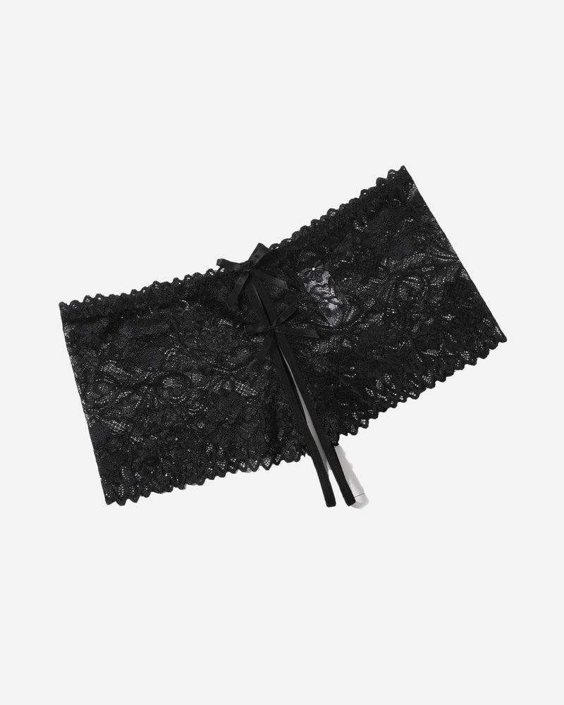 Black high-waist lace panty with scalloped trim and center bow ribbon