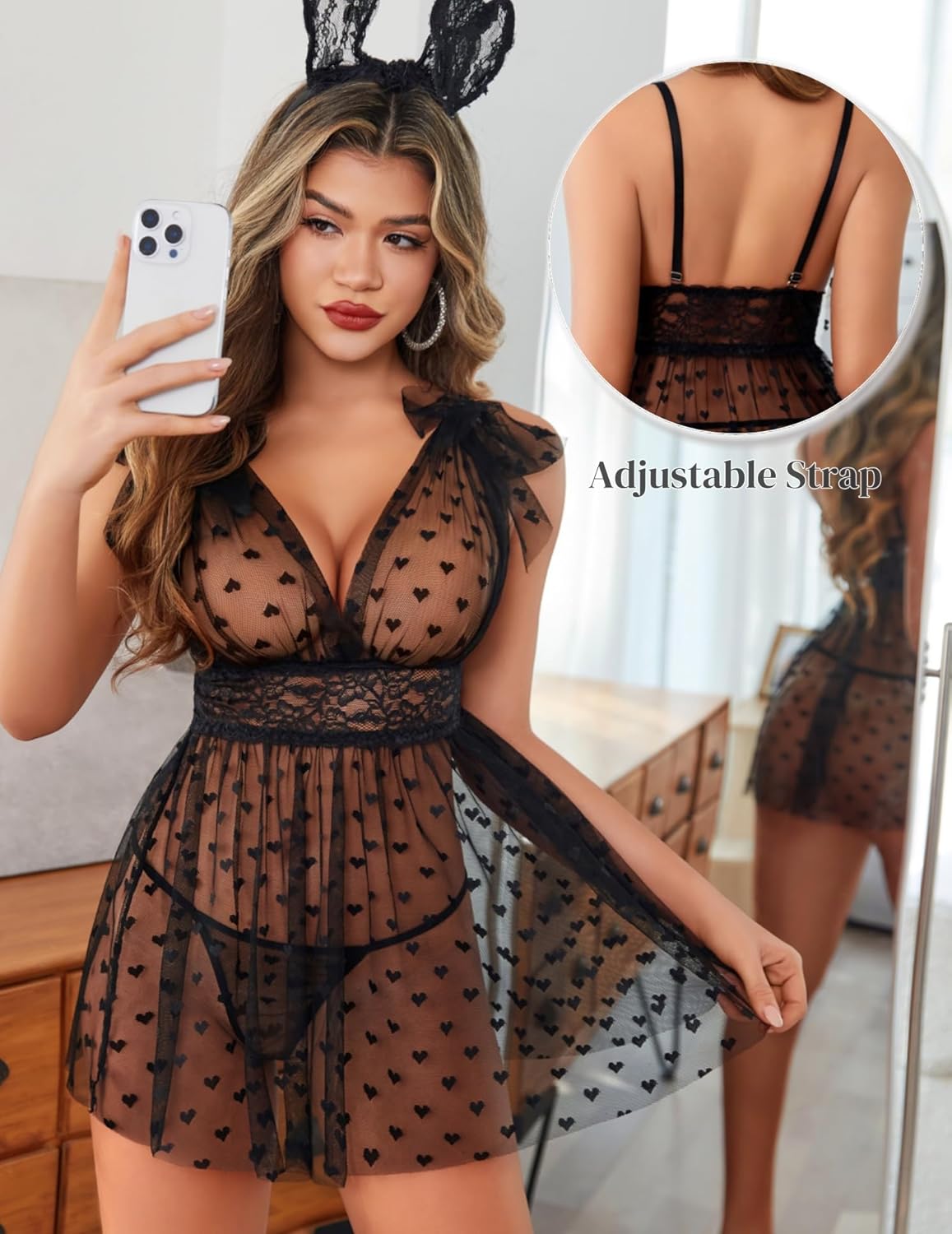 Black sheer mesh babydoll nighty with lace trim, heart print, adjustable straps; back view inset