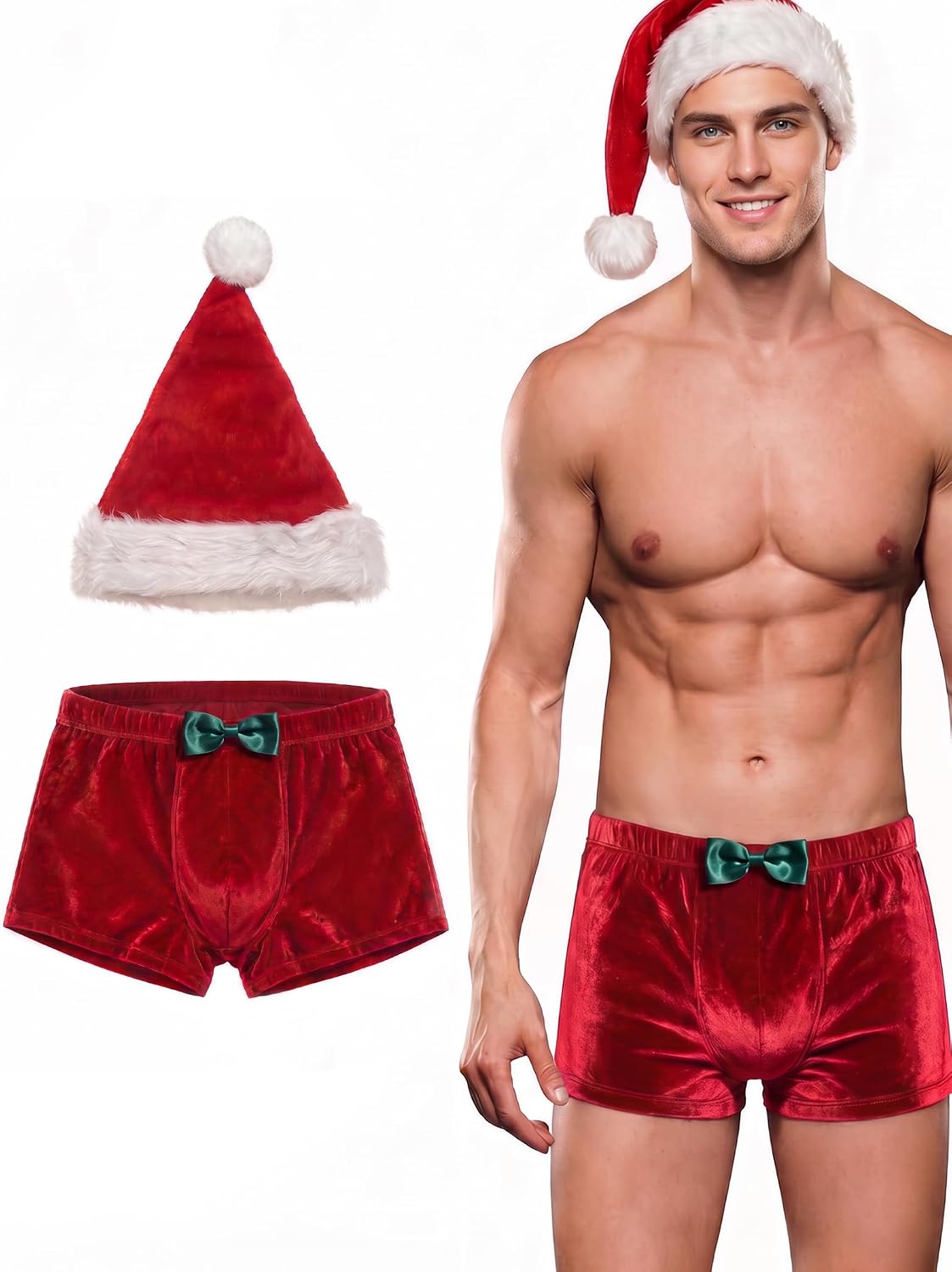 Red velvet men’s boxer shorts with matching Santa hat and pom-pom