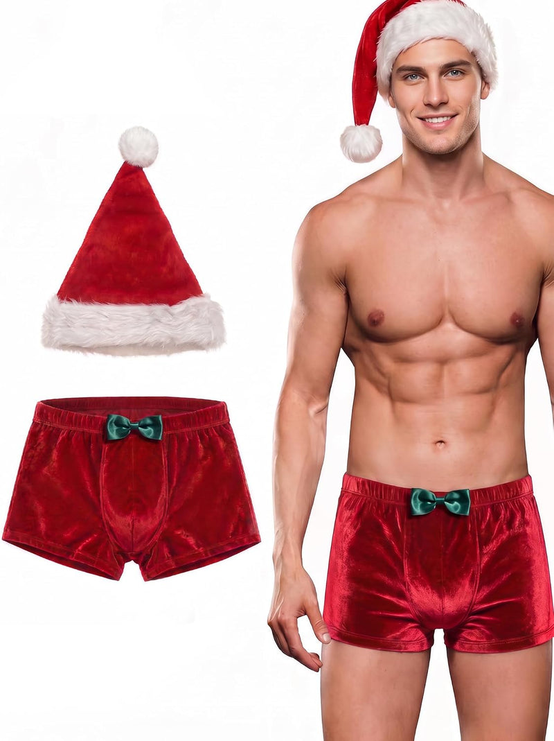 Red velvet men’s boxer shorts with matching Santa hat and pom-pom
