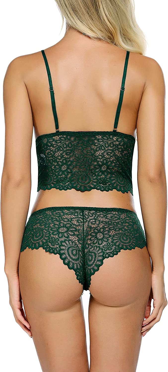 Back view of green lace bra and panty set with thin shoulder straps