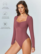 Rose plum sweetheart neckline long-sleeve bodysuit with ruched bust detail