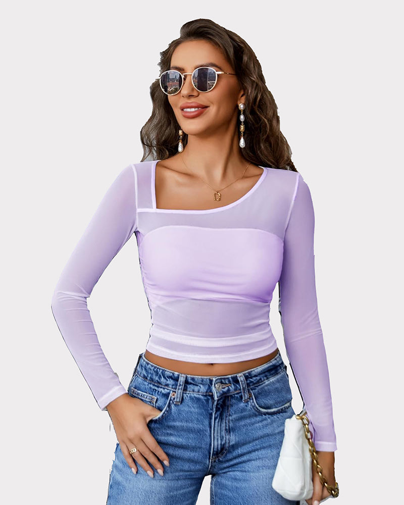Lilac sheer long-sleeve crop top with asymmetrical neckline