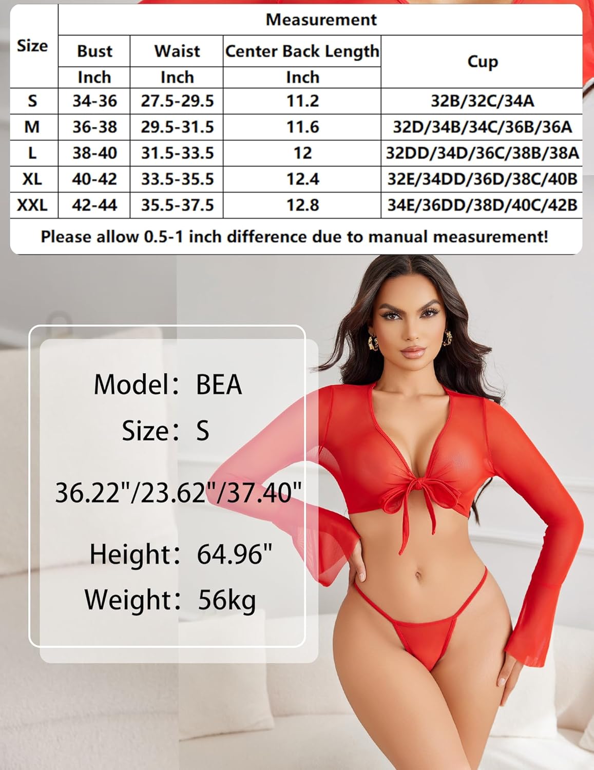 Red sheer crop top set with size chart overlay and matching g-string shown.
