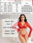 Red sheer crop top set with size chart overlay and matching g-string shown.