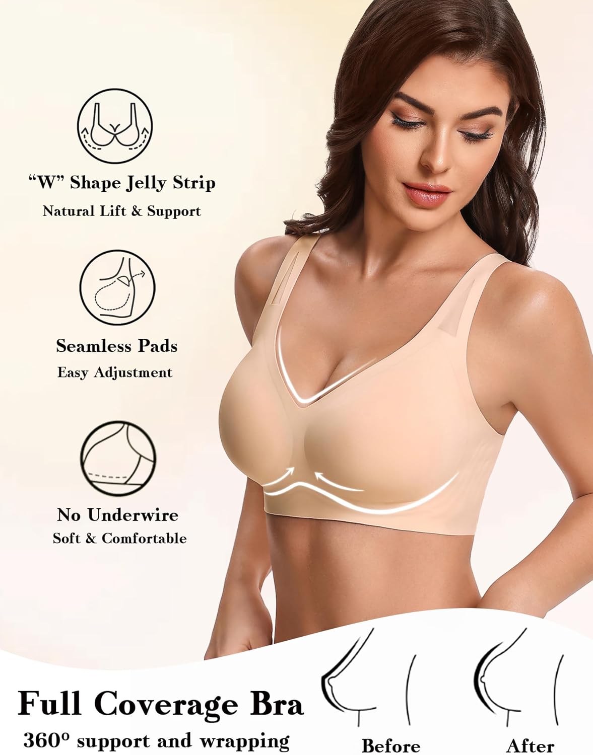 Nude wireless full coverage bra with V-neck and seamless, padded cups