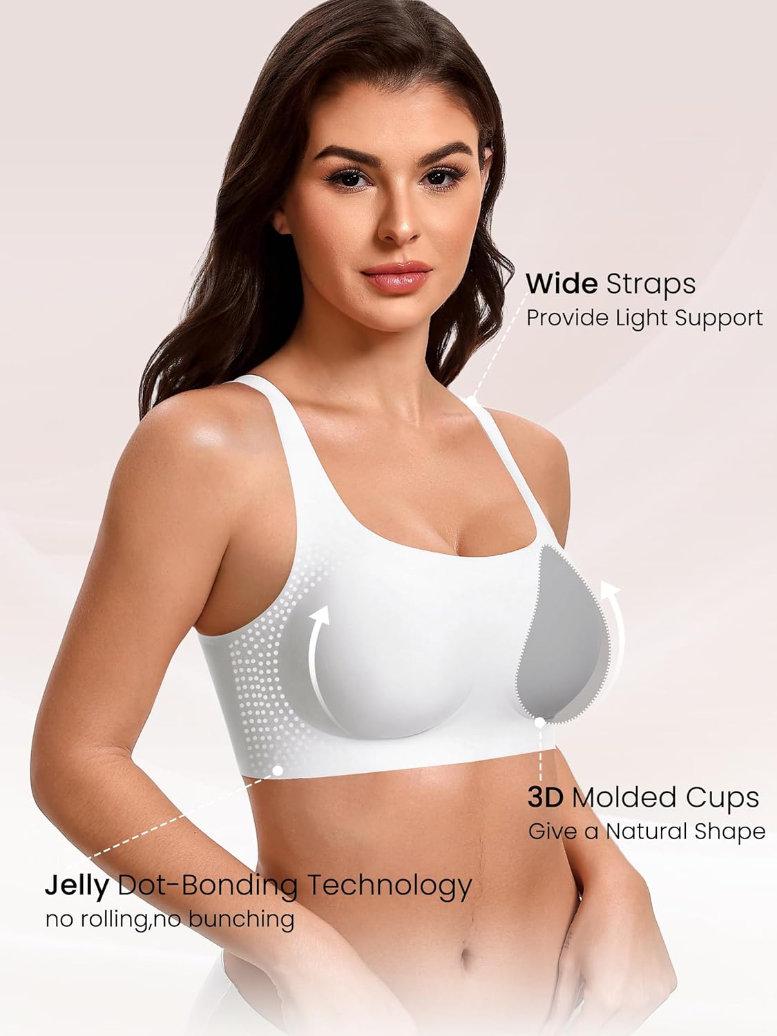 Wireless jelly bra, wide straps, molded cups, light cream