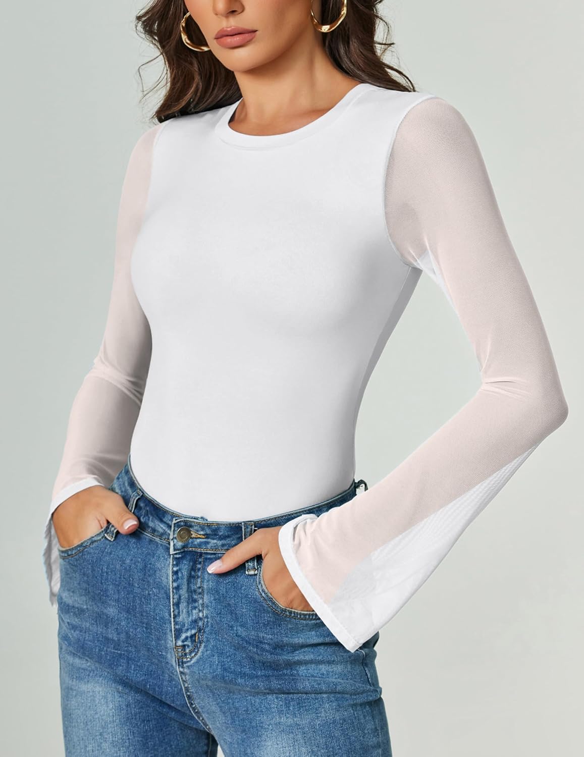 Long sleeve thong bodysuit, white with sheer sleeves and flared cuffs