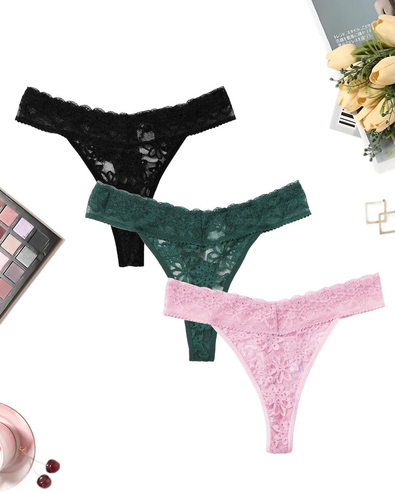 Lace low-rise Brazilian panties in black, green, and pink
