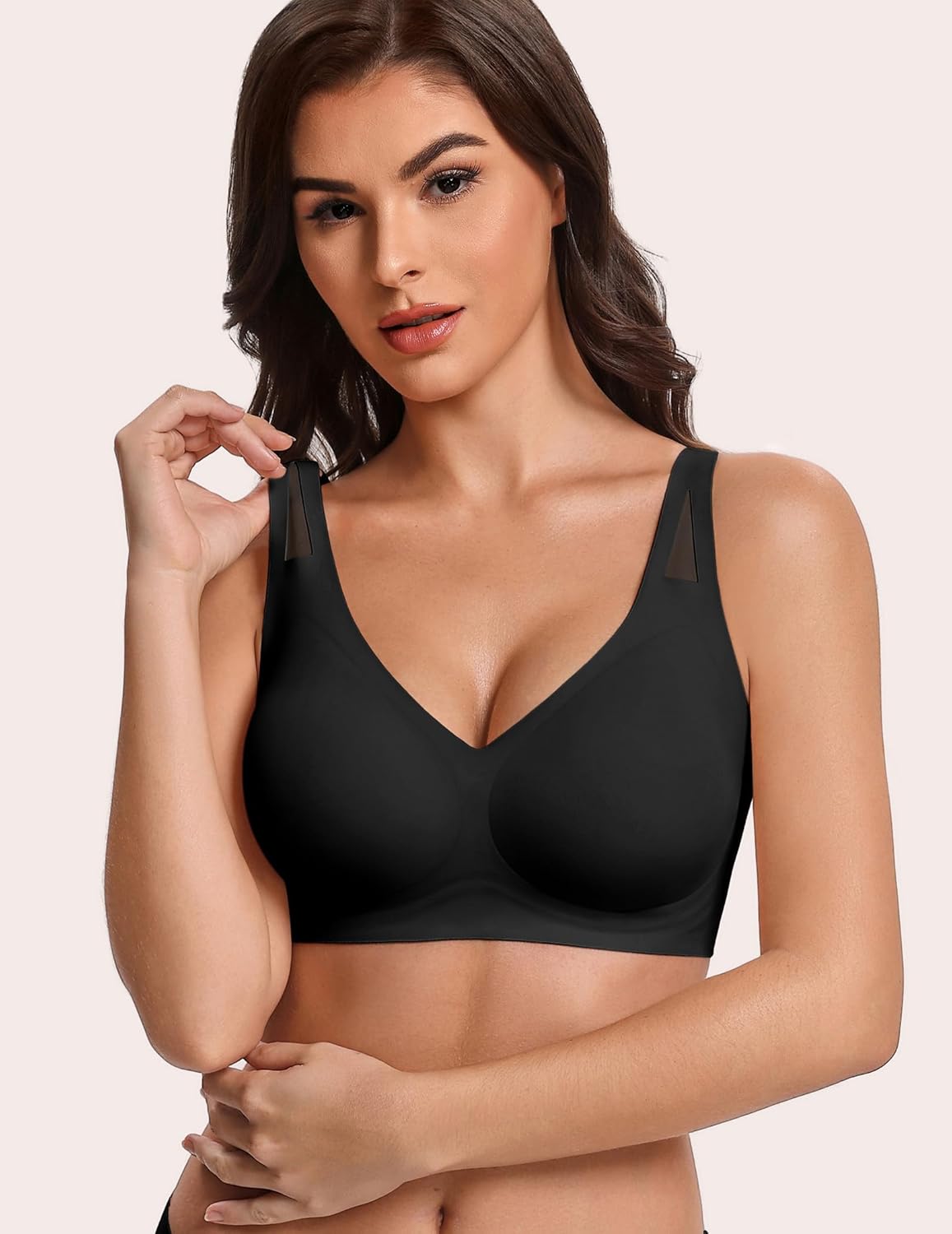 Black wireless full coverage bra with V-neck, seamless cups, no underwire
