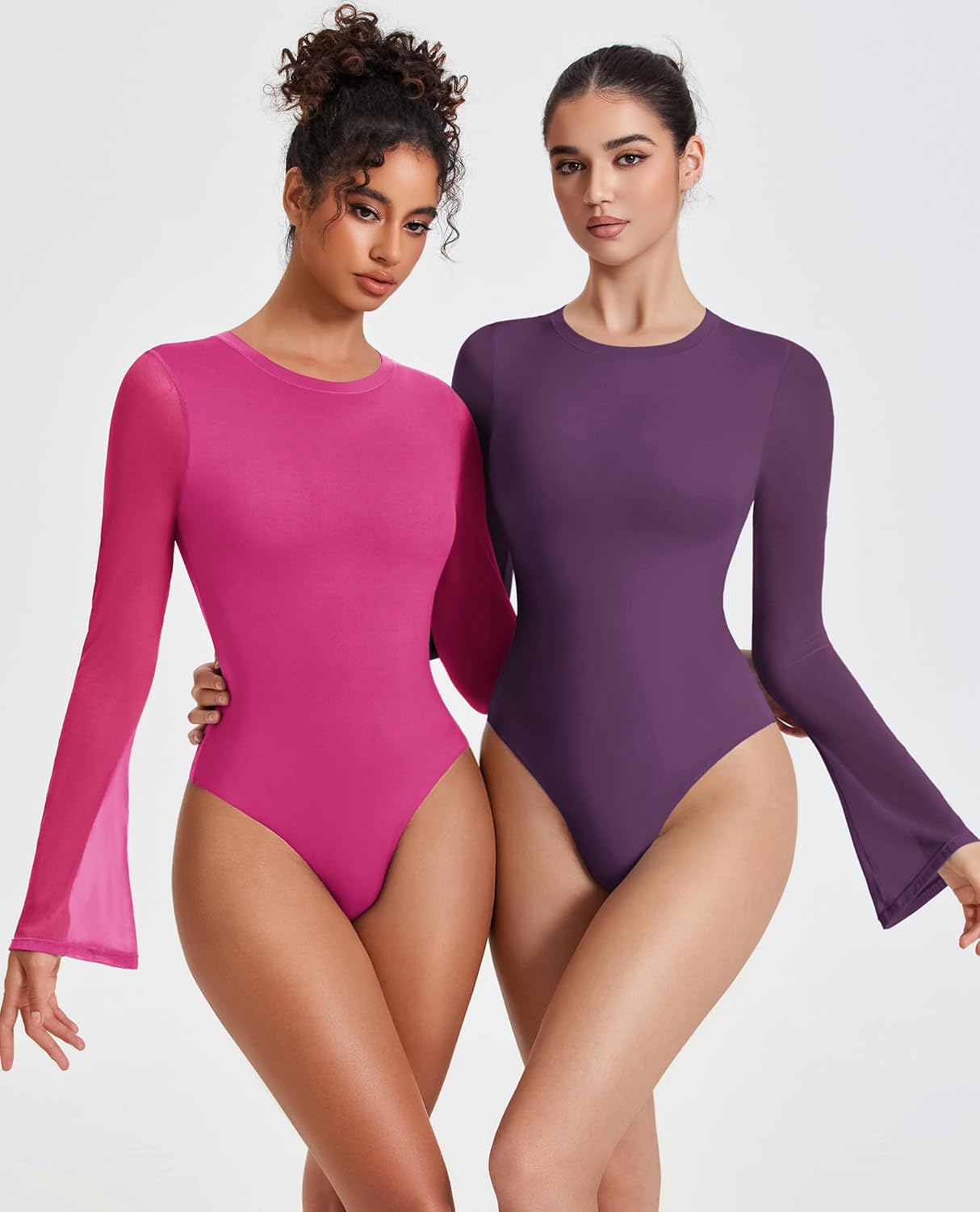 Pink and purple long sleeve mesh bodysuits with flared sleeves and high-cut legs.